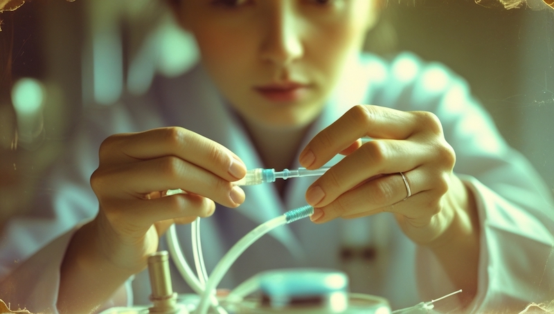 A woman preparing a catheter. 