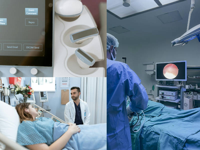  A collage of images depicting a patient receiving care in a hospital room with various medical imaging devices.