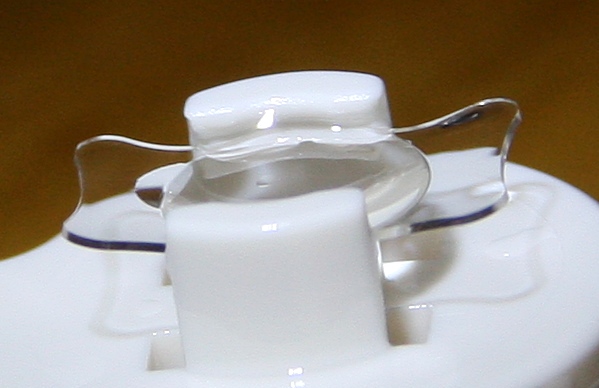 Intraocular lens (IOL) in holder, zoomed in for detail. 