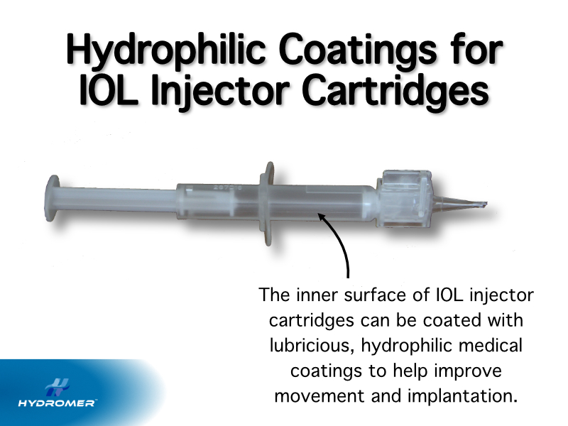 Hydrophilic coatings for IOL injectors. The inner surface of IOL injector cartridges can be coated with lubricious, hydrophilic medical coatings to help improve movement and implantation.